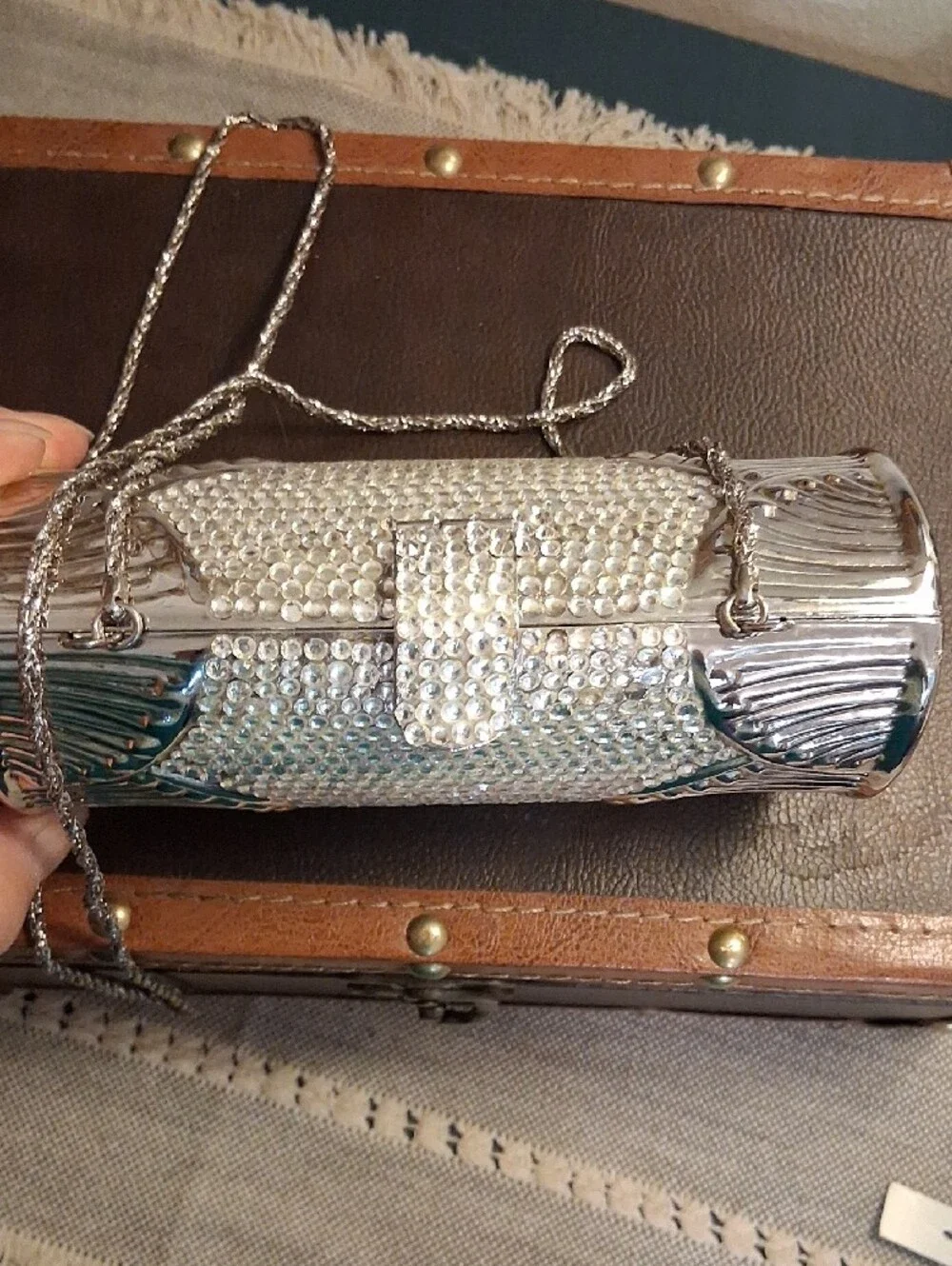 Vintage Shals International Silver Rhinestone Evening Clutch with Chain Strap